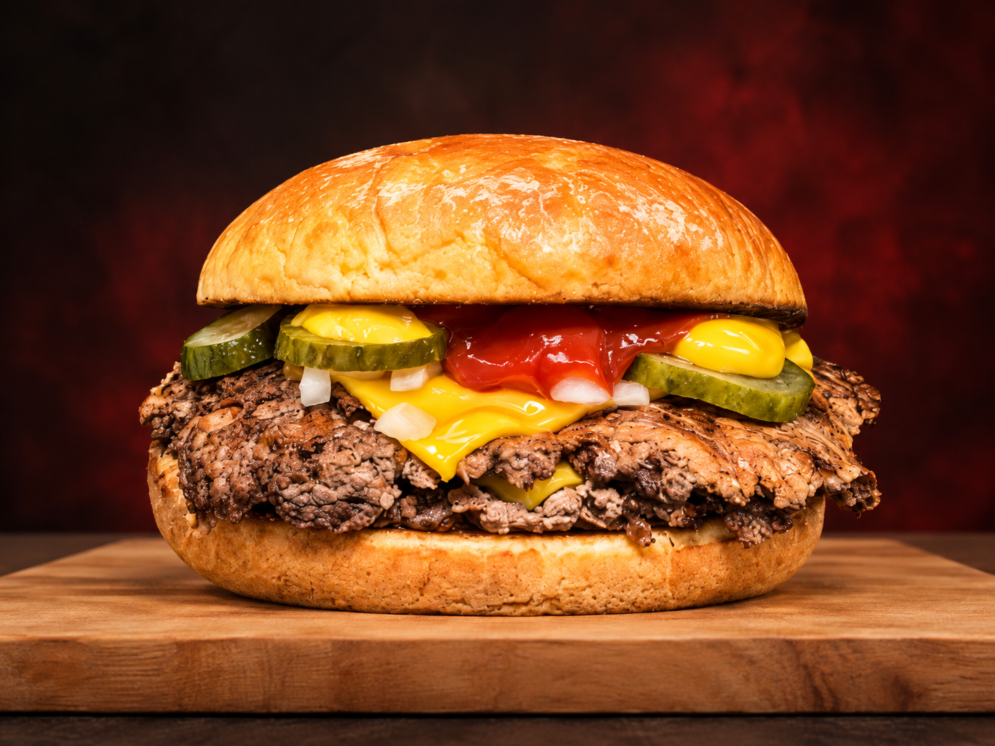 Hamburguesa Doble Smash con queso cheddar y pepinillos